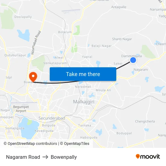 Nagaram Road to Bowenpally map