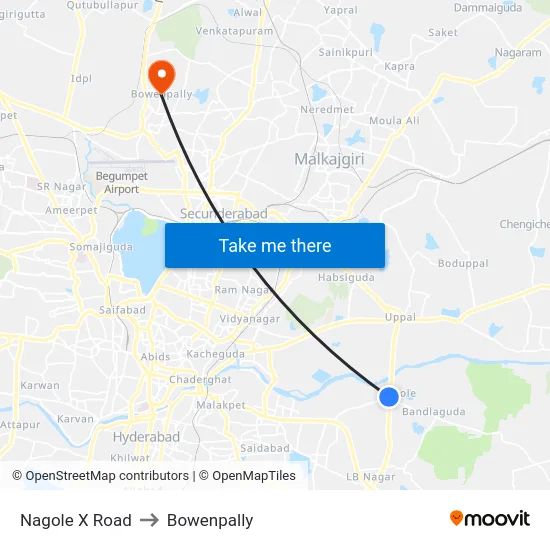 Nagole X Road to Bowenpally map