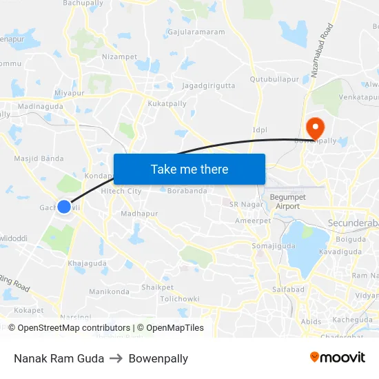 Nanak Ram Guda to Bowenpally map