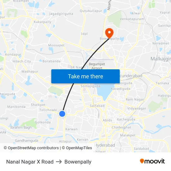 Nanal Nagar X Road to Bowenpally map