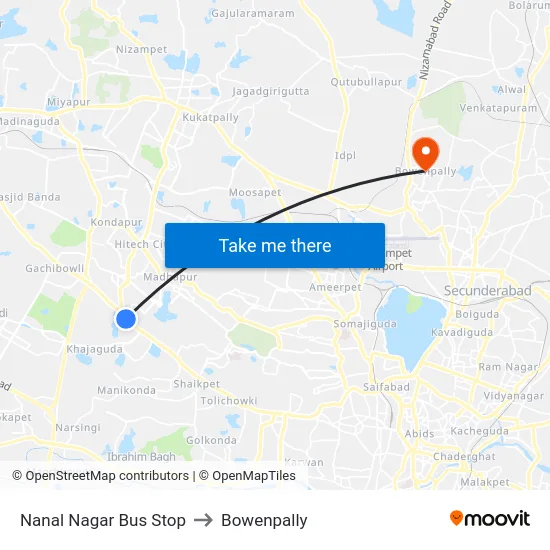 Nanal Nagar Bus Stop to Bowenpally map