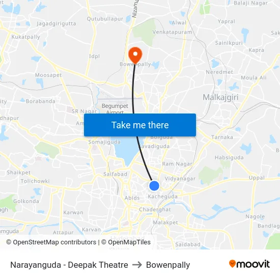Narayanguda - Deepak Theatre to Bowenpally map