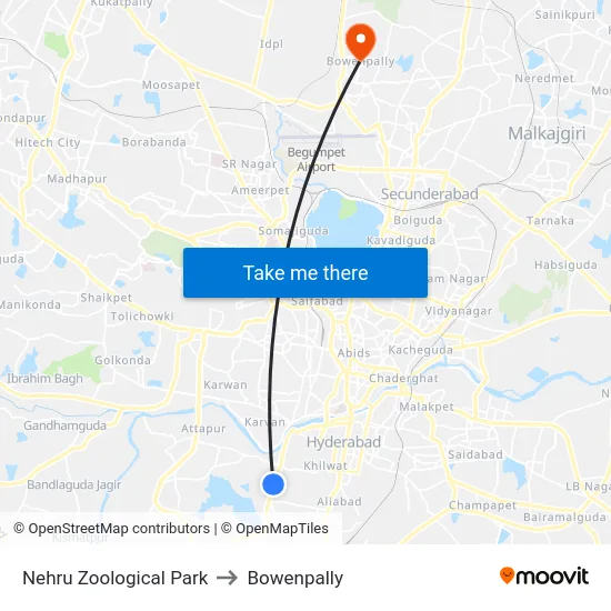 Nehru Zoological Park to Bowenpally map
