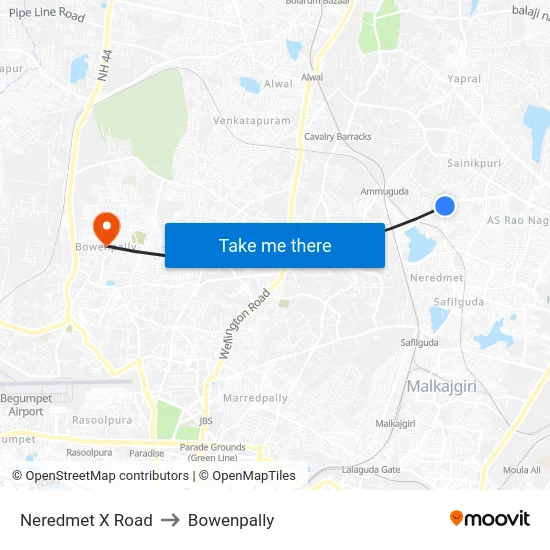 Neredmet X Road to Bowenpally map