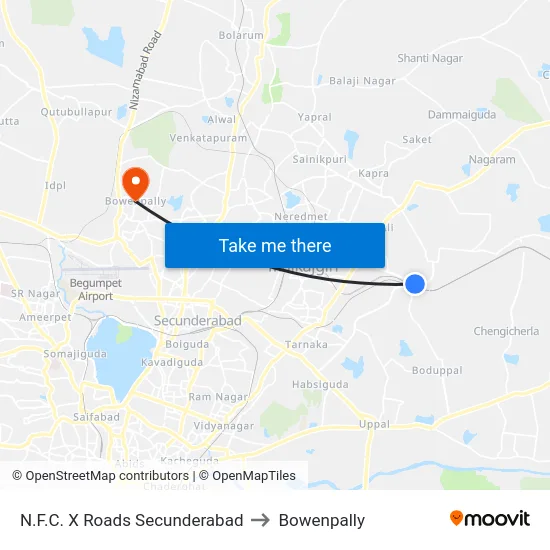 N.F.C. X Roads Secunderabad to Bowenpally map