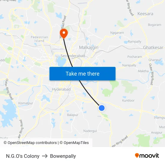 N.G.O's Colony to Bowenpally map