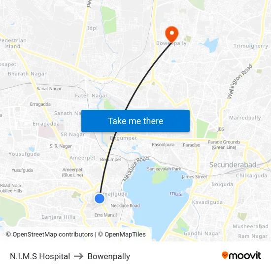 N.I.M.S Hospital to Bowenpally map
