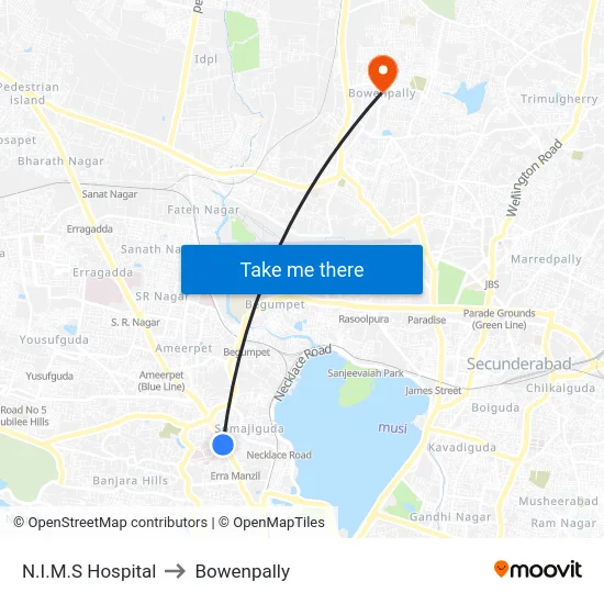 N.I.M.S Hospital to Bowenpally map