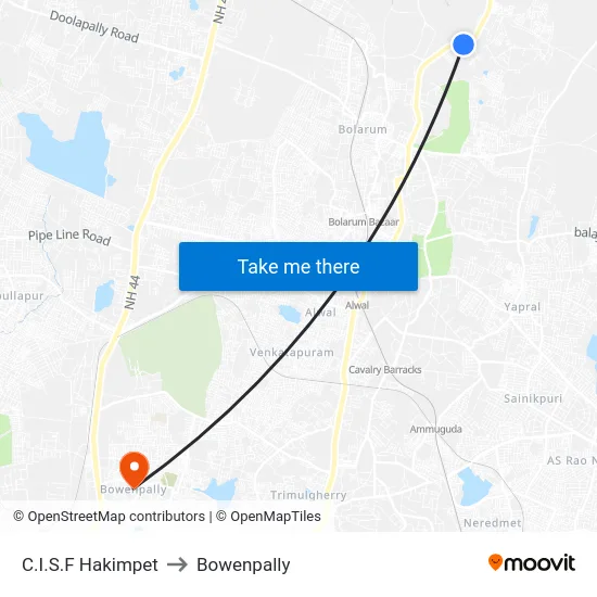 C.I.S.F Hakimpet to Bowenpally map