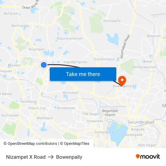 Nizampet X Road to Bowenpally map