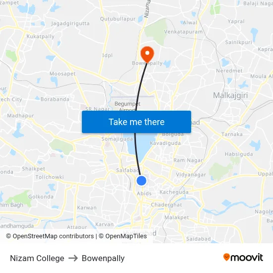 Nizam College to Bowenpally map