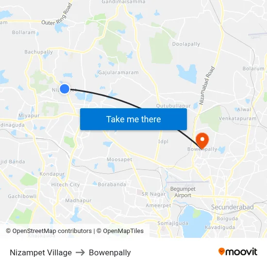 Nizampet Village to Bowenpally map