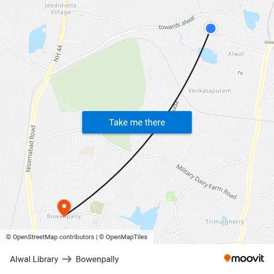 Alwal Library to Bowenpally map