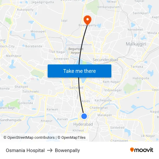Osmania Hospital to Bowenpally map