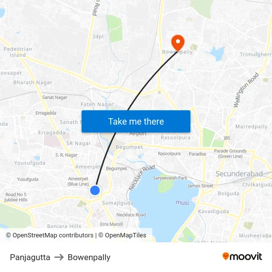 Panjagutta to Bowenpally map