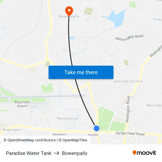 Paradise Water Tank to Bowenpally map