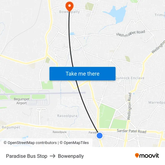 Paradise Bus Stop to Bowenpally map