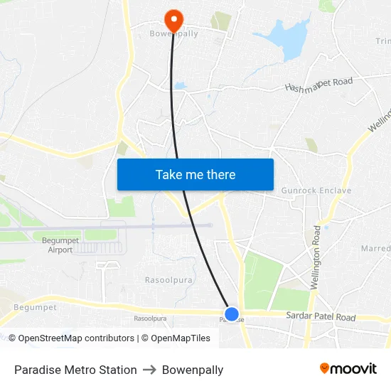 Paradise Metro Station to Bowenpally map