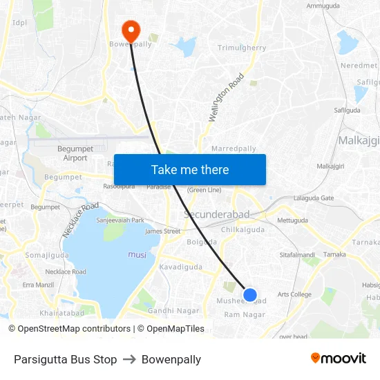 Parsigutta Bus Stop to Bowenpally map