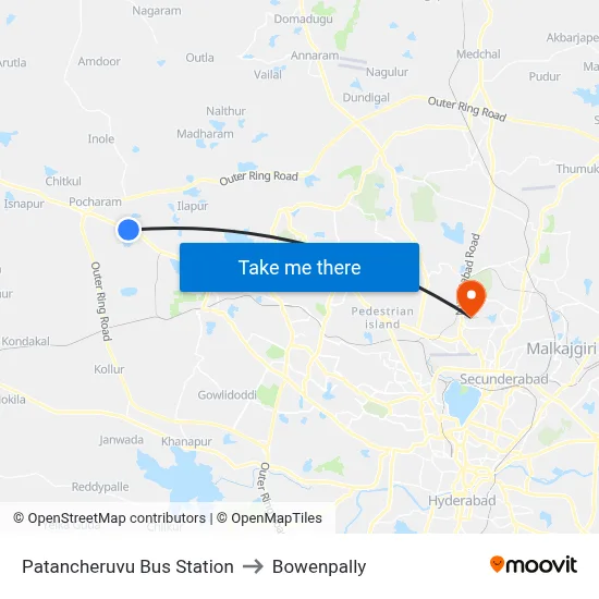 Patancheruvu Bus Station to Bowenpally map