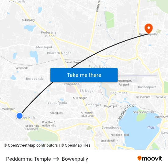 Peddamma Temple to Bowenpally map