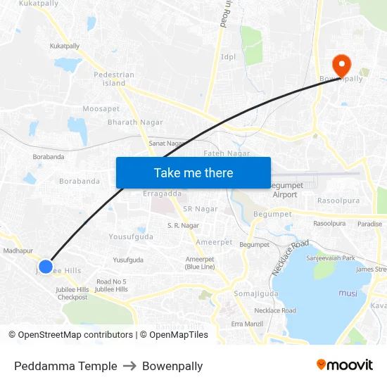 Peddamma Temple to Bowenpally map