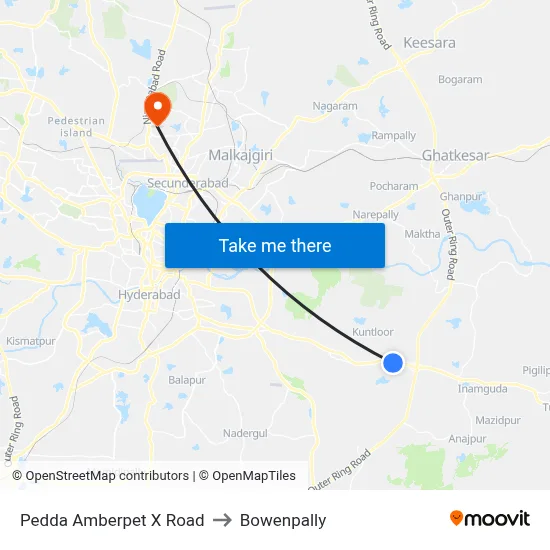Pedda Amberpet X Road to Bowenpally map
