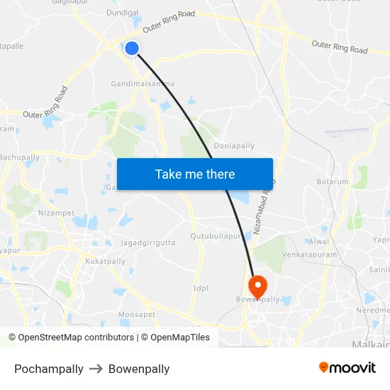 Pochampally to Bowenpally map