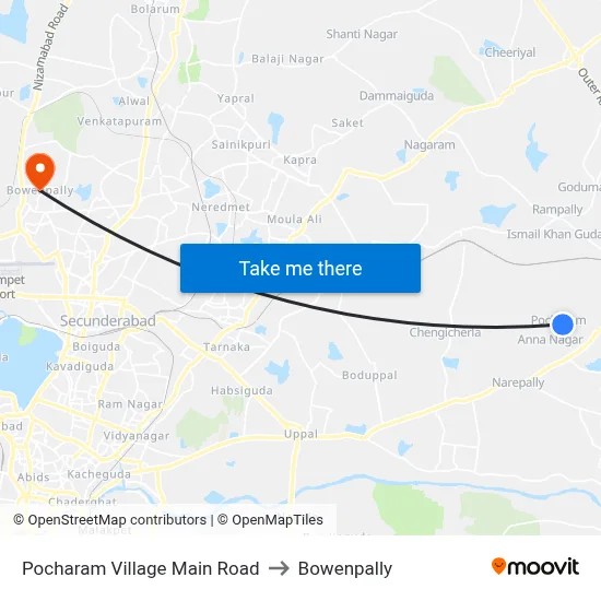 Pocharam Village Main Road to Bowenpally map