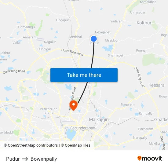 Pudur to Bowenpally map