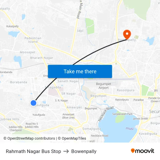 Rahmath Nagar Bus Stop to Bowenpally map