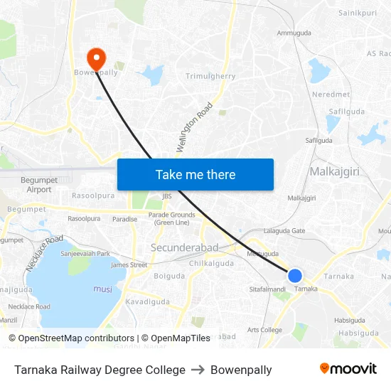 Tarnaka Railway Degree College to Bowenpally map