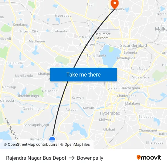 Rajendra Nagar Bus Depot to Bowenpally map