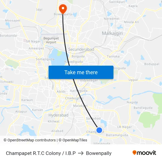 Champapet R.T.C Colony / I.B.P to Bowenpally map