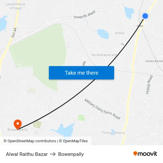Alwal Raithu Bazar to Bowenpally map