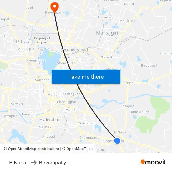 LB Nagar to Bowenpally map