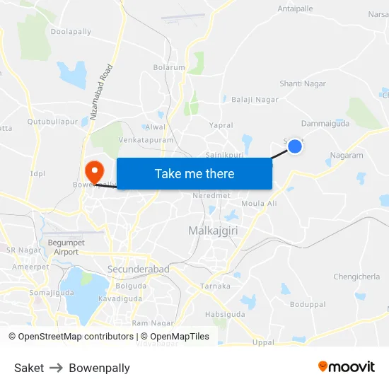 Saket to Bowenpally map