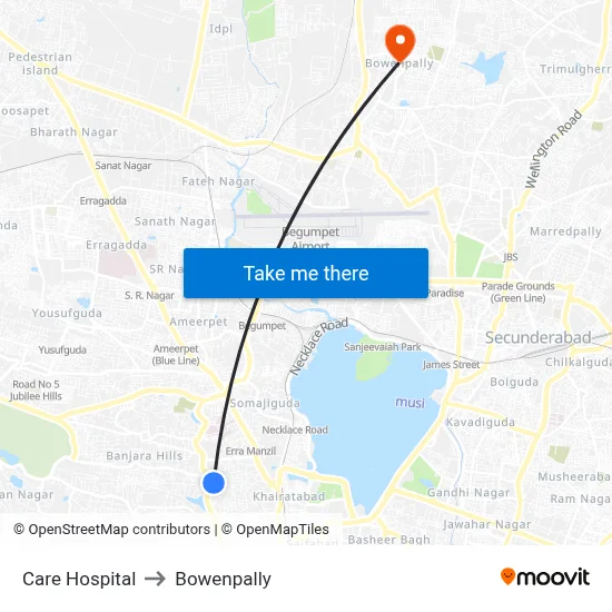 Care Hospital to Bowenpally map