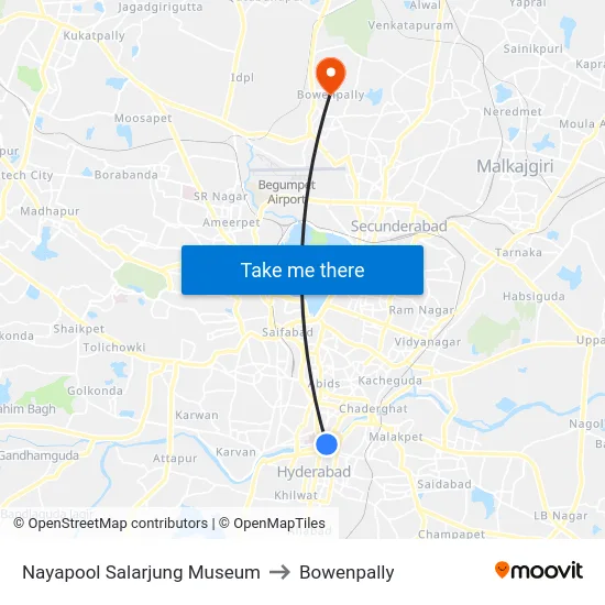 Nayapool Salarjung Museum to Bowenpally map