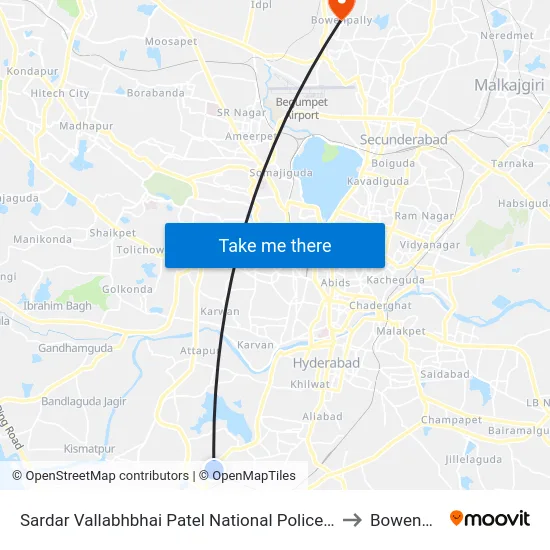 Sardar Vallabhbhai Patel National Police Academy to Bowenpally map