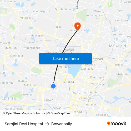 Sarojini Devi Hospital to Bowenpally map