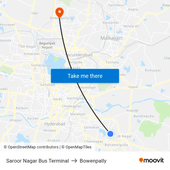 Saroor Nagar Bus Terminal to Bowenpally map