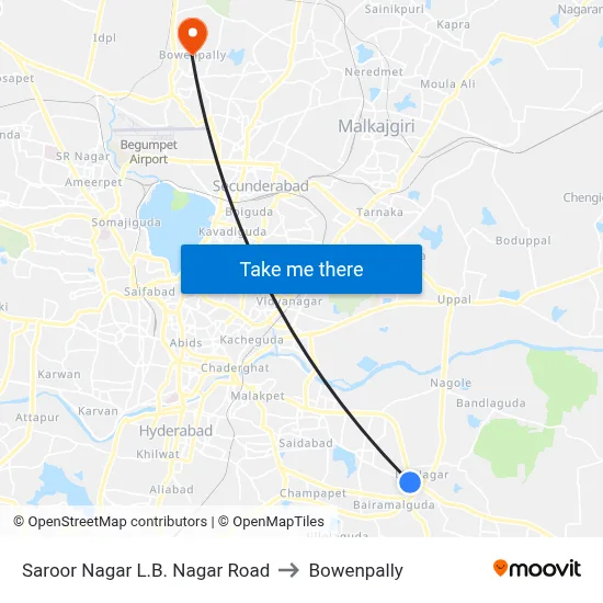 Saroor Nagar L.B. Nagar Road to Bowenpally map