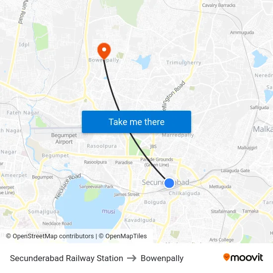 Secunderabad Railway Station to Bowenpally map