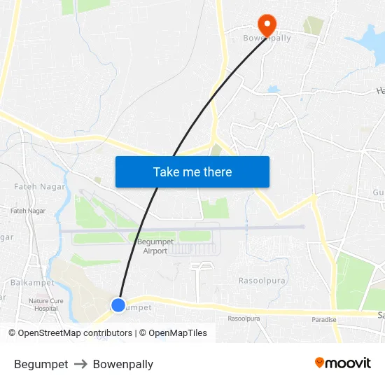 Begumpet to Bowenpally map
