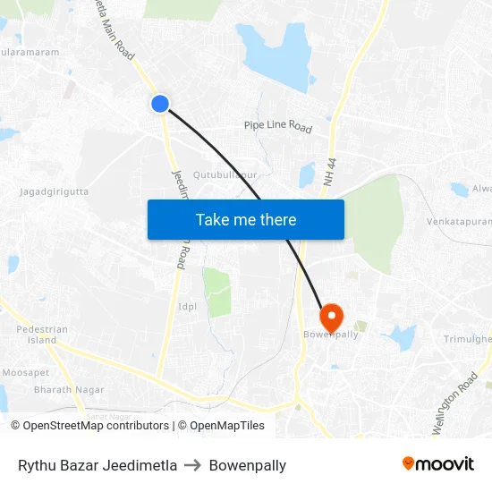 Rythu Bazar Jeedimetla to Bowenpally map