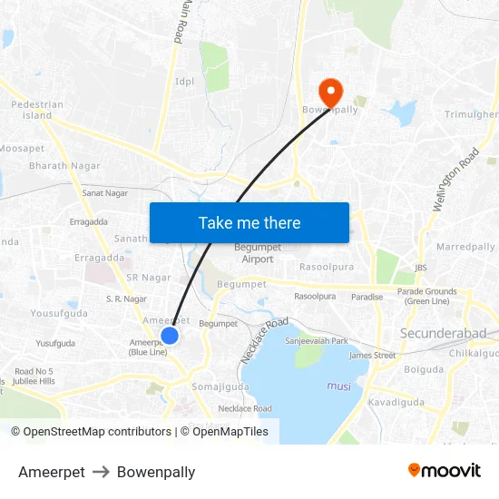 Ameerpet to Bowenpally map