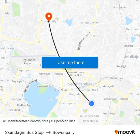 Skandagiri Bus Stop to Bowenpally map