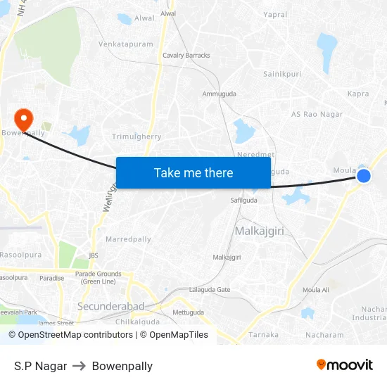 S.P Nagar to Bowenpally map