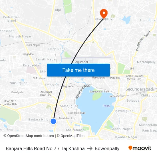 Banjara Hills Road No 7 / Taj Krishna to Bowenpally map